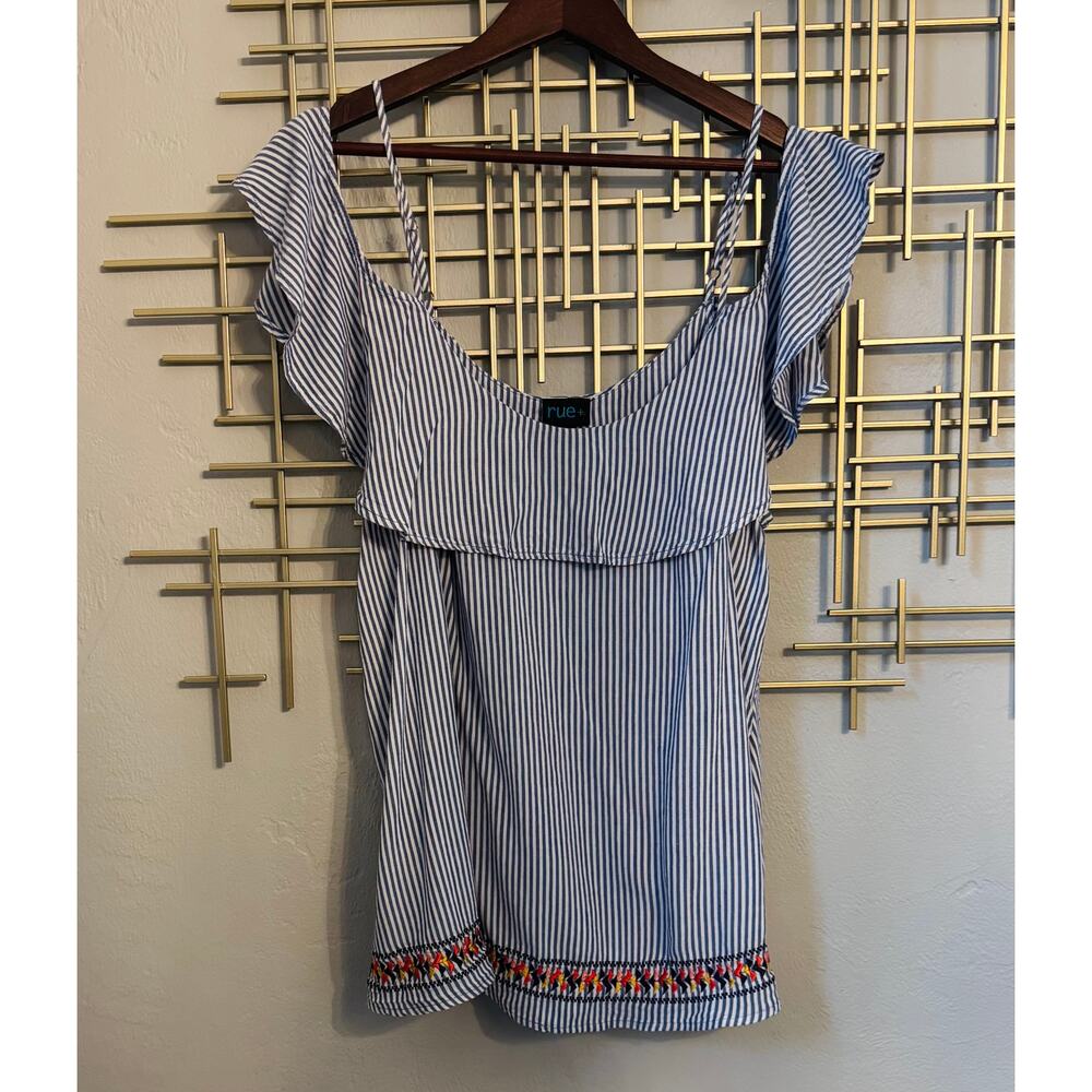 Rue+ 2X Blue White Stripe Embroidered Ruffle Boho Top